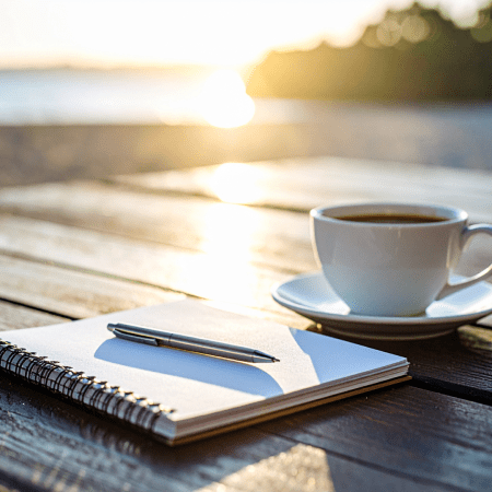 A notebook and pen with a cup of coffee on a table outside on a sunny morning