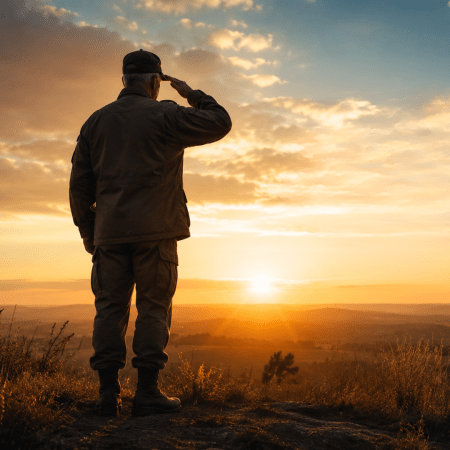 Soldier standing on a ridge saluting the sunset