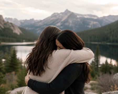 Two women hugging next to a lake and mountains