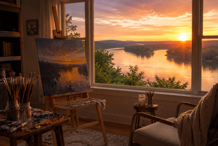 a room overlooking the river at sunset with a painters easel