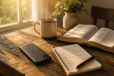 A phone lying face down on a rustic wooden table beside an open Bible, a handwritten journal, and a steaming mug of coffee. Soft golden morning light pours through a nearby window. The room is quiet, peaceful, and uncluttered.